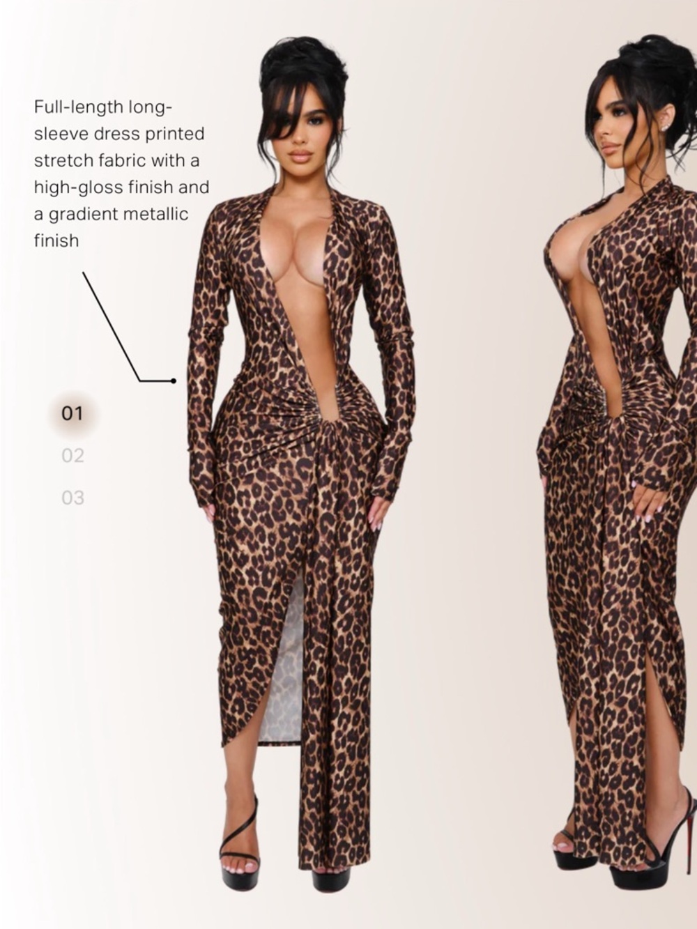 Leopard-Print Long Sleeve V-Neck Maxi Dress COUCOO